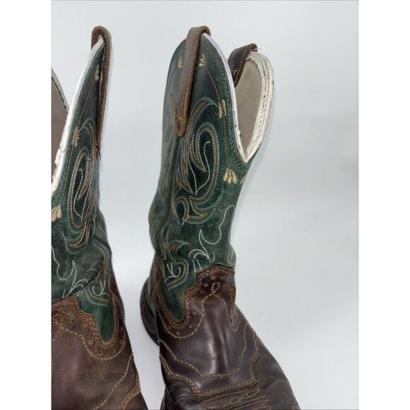Shyanne Womens Size 9.5 Brown Green Leather Square Toe Cowboy Stockman Boots - Picture 8 of 10